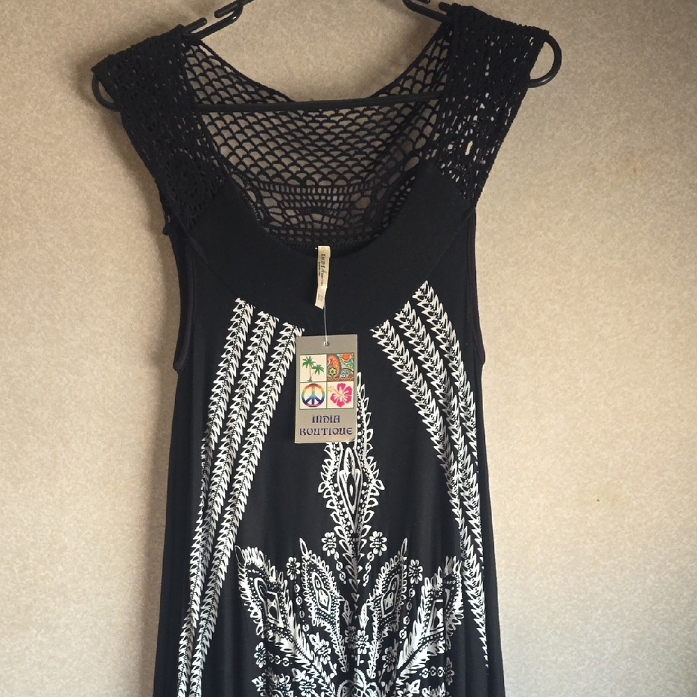 India Boutique Black Tank with Crocheted Yoke and White Boho Print - Picture 6 of 6